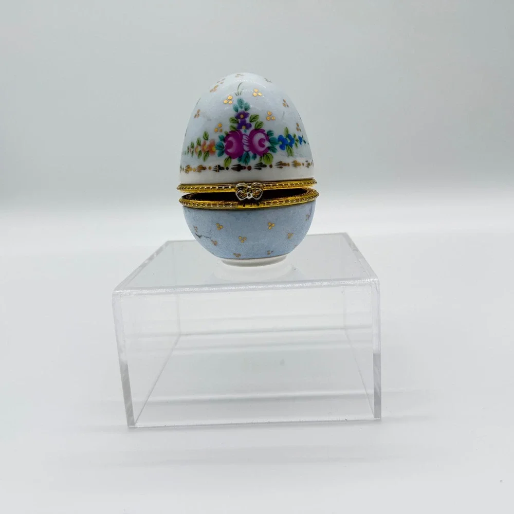 Vintage Floral Porcelain Egg Trinket Box Hand Painted Hinged Gold Trim Blue 3